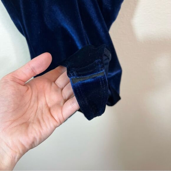 ✨ Alix Nyc Midnight Blue Velvet Asymmetric Mockneck Thong Carmine Bodysuit Small - Picture 6 of 13